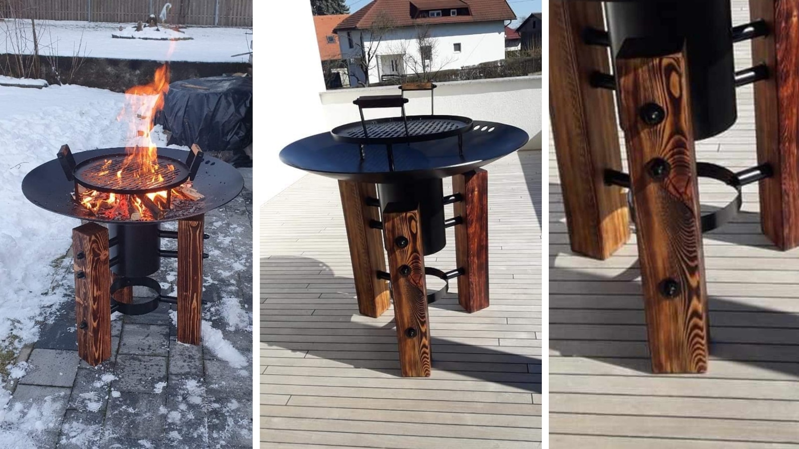 Vrtno kurišče z podnožjem iz macesna in žar ploščo v treh slikah. Na prvi sliki gori ogenj, na drugi je izdelek brez uporabe, na tretji so noge